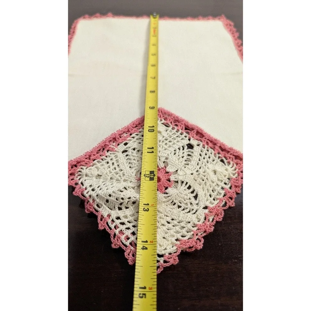 Vintage Pink Crochet Linen Table Runner Set Handmade Lace Napkins Doily 6pc